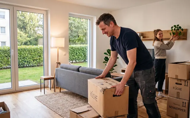 Umzugshelfer stellt den letzten Karton in der neuen Wohnung ab