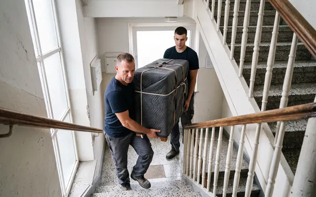 Zwei Umzugshelfer tragen eine eingepackte Kommode durchs Treppenhaus