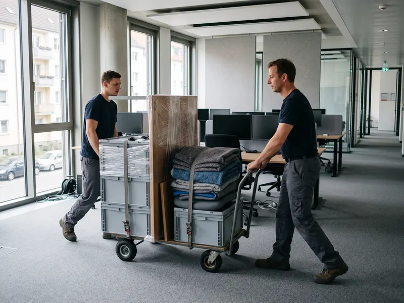Firmenumzug: Umzugshelfer fahren Kisten und Büromöbel auf einem Rollwagen durch ein Büro