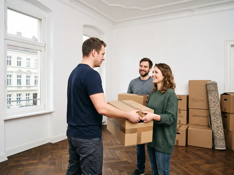 Privatumzug: Umzugshelfer übergibt einem Paar einen Umzugskarton in der neuen Wohnung