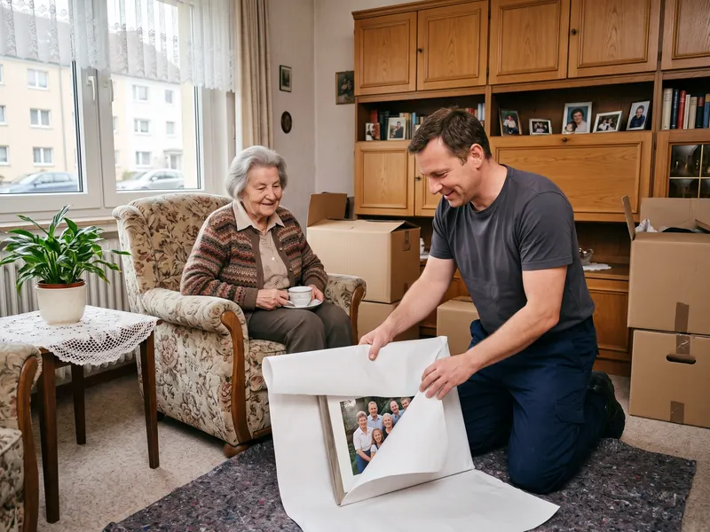 Seniorenumzug: Umzugshelfer packt ein Familienfoto ein, eine ältere Dame sieht zu